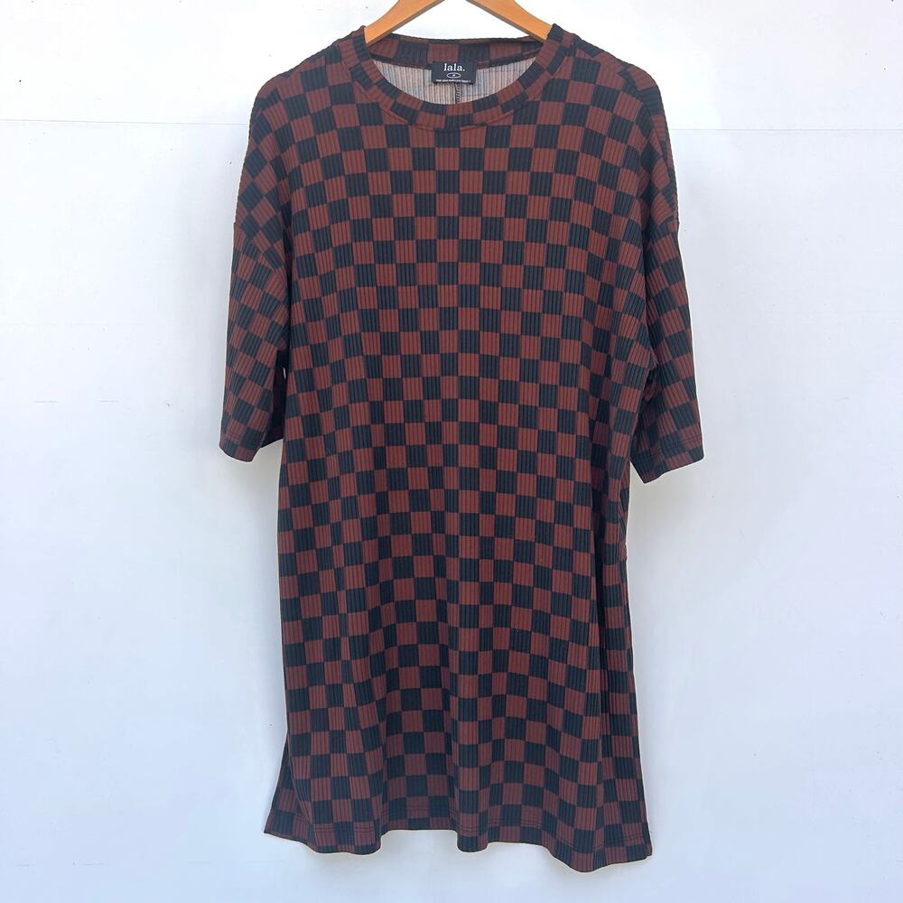 Dressed In LALA Lex Ribbed Playsuit Mocha Brown Black Checkered Set Pants Medium - Picture 6 of 12